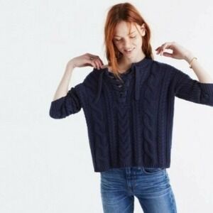 Madewell Wool Blend Lace-Up Pullover Chunky Cable Knit Sweater Size XS Blue